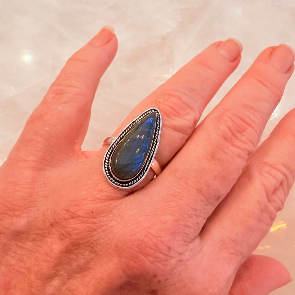 Fiery Labradorite Sterling Silver Plated Teardrop ring Size 10